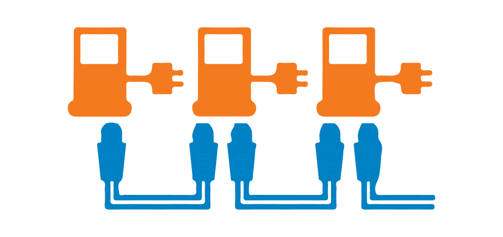 Graphic showing an Ethernet bus layout for connecting 3 EV chargers to the internet.