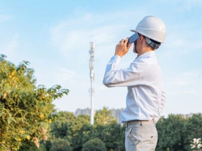 Wearing a white safety helmet, engineers study mobile phone signals (site survey for signal strength)