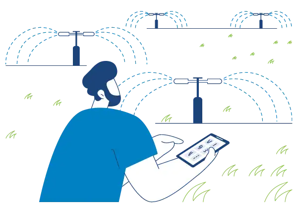 Illustration of a man controlling his smart irrigation system.