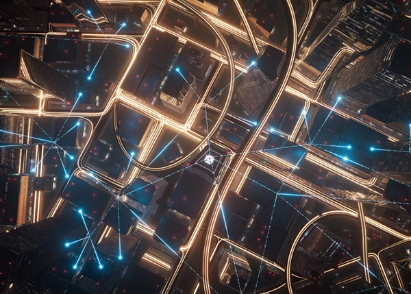 A bird's eye view of a city with connectivity lines moving between spaces.