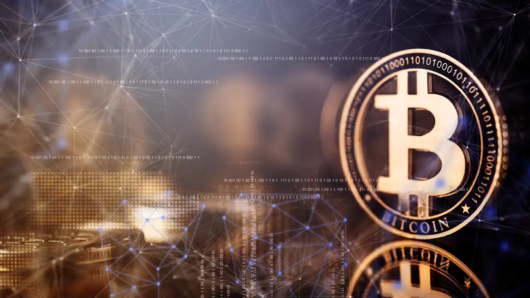 Large bitcoin surrounded by connectivity nodes and dynamic lighting.