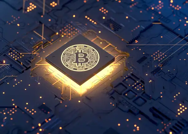 A bitcoin logo surrounded by circuit board and dynamic lighting.