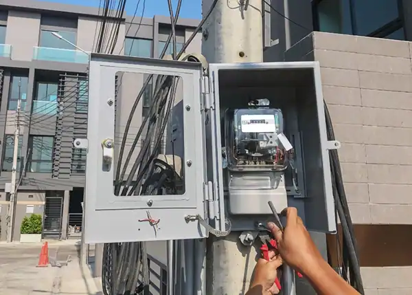 Electric meter being installed on a pole.