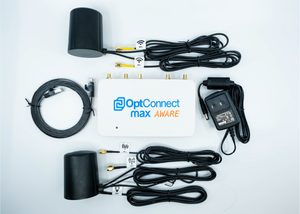 OptConnect max aware + Wi-Fi 4G LTE router plus full kit of accessories, including power cord, Ethernet cable, antenna, etc.
