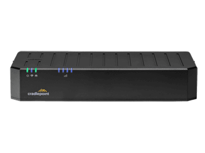 Cradlepoint E100 front facing black device with Cradlepoint logo.