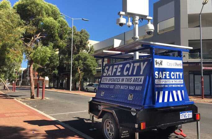 Perth, Wa - Jan 17 2021:Portable surveillance police camera. Surveillance can be used by governments to unjustifiably violate people's privacy and is often criticized by civil liberties activists.