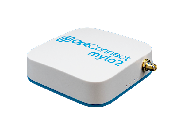 An angled image of the OptConnect mylo2. The device is angled to show the side with the antenna connector.
