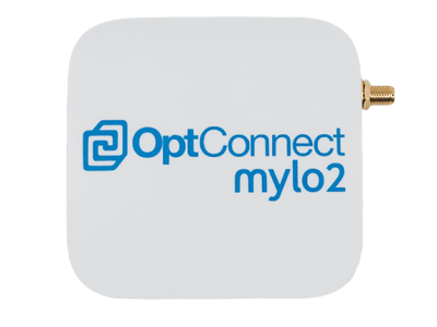 A white OptConnect mylo2 with the single antenna connector pointing to the right.