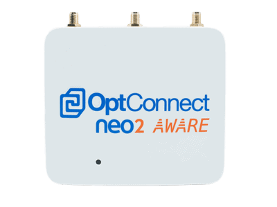 The OptConnect neo2 aware front view with logo and 3 antenna connectors.