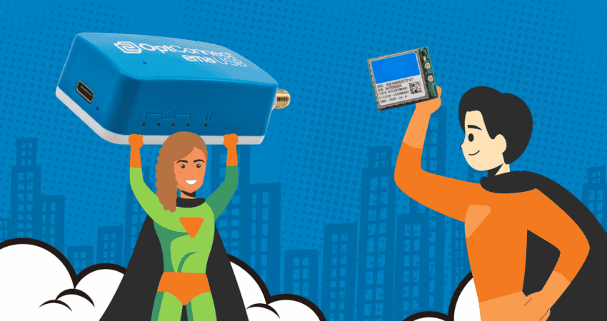 Illustration: female superhero holds an OptConnect ema:USB modem above her head, next to a male superhero holding a pre-certified cellular module above his head