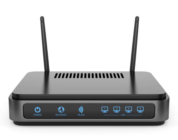 Modern cellular wi-fi router with two antennas isolated on white background. High speed internet connection, computer network and telecommunication technology concept.