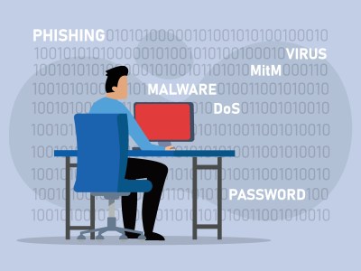 Man in the Middle attack, illustration of IT administrator dealing with data threats on his computer