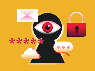 data breach illustration of a black cloaked, ninja-like figure with one eye looking at emails and other data security loopholes to breach