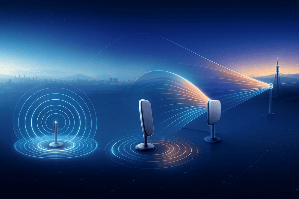 AI-generated image of wireless connectivity with antennas and data signals over a city skyline at du.
