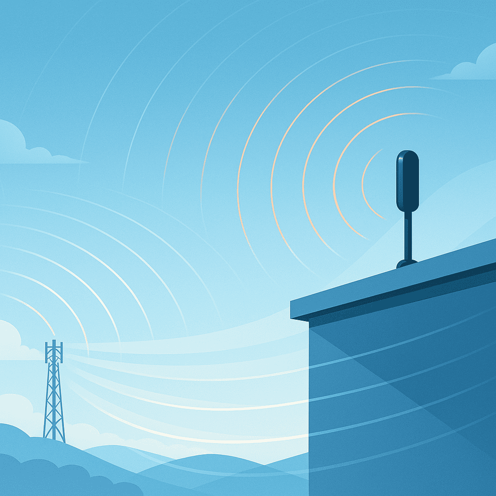 High-speed wireless IoT device on building rooftop for reliable connectivity.
