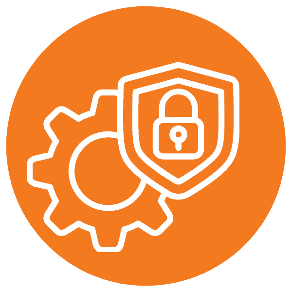 Secure IoT device protection with gear and shield icon on orange background.