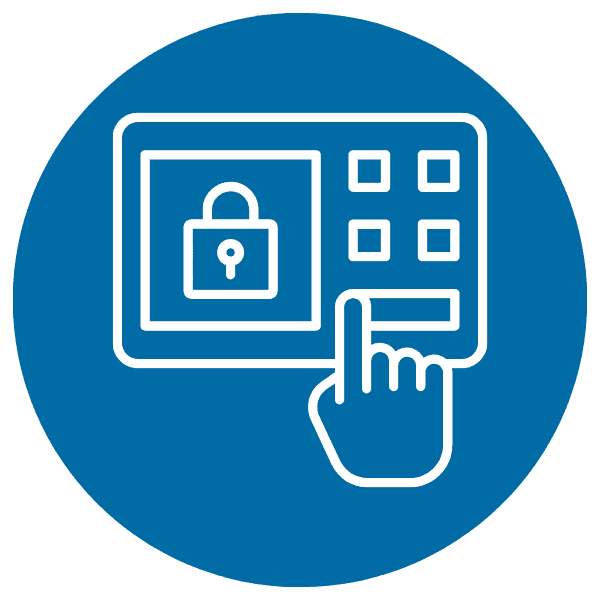 Secure IoT device management icon, digital lock, and touchscreen interface.